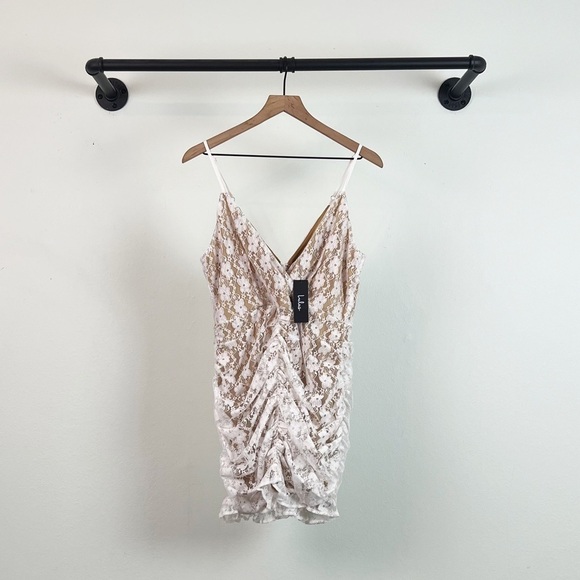 NWT Frilled To Be Here White Lace Ruched Mini Dress - Picture 5 of 8